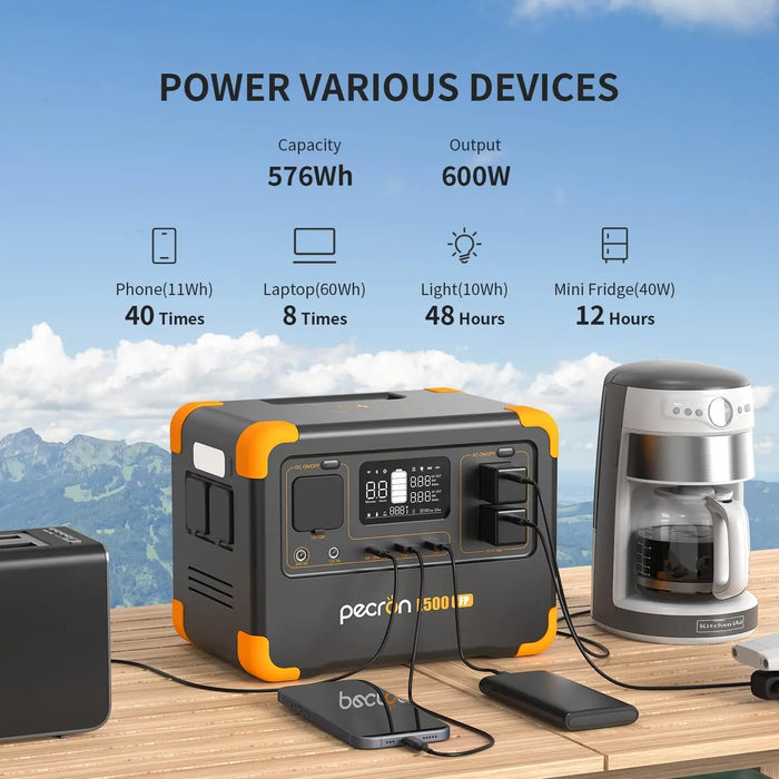 Enagua Mart Pecron E500LFP Portable Power Station - 576Wh LiFePO4 Battery with 2x600W AC Outlets