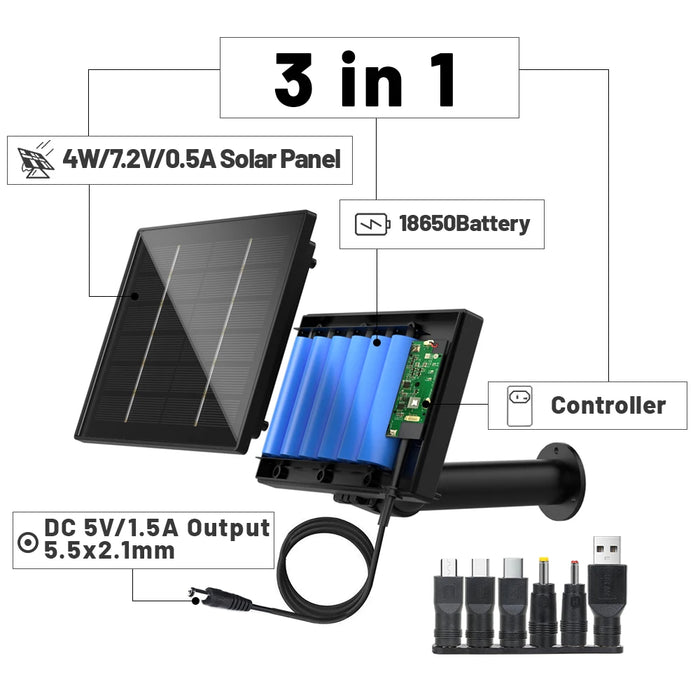Enagua Mart 4W Solar Panel - Built-in 18650 Battery, Waterproof with 2m Cable, USB/Type-C/DC 5V/6V for Security WiFi Camera