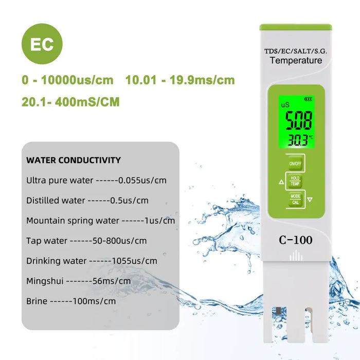 Enagua Mart 5-in-1 TDS/EC/Salinity/SG/Temperature Salt Meter - Digital Sea Water Quality Tester for Swimming Pools, Drinking Water, and Aquariums