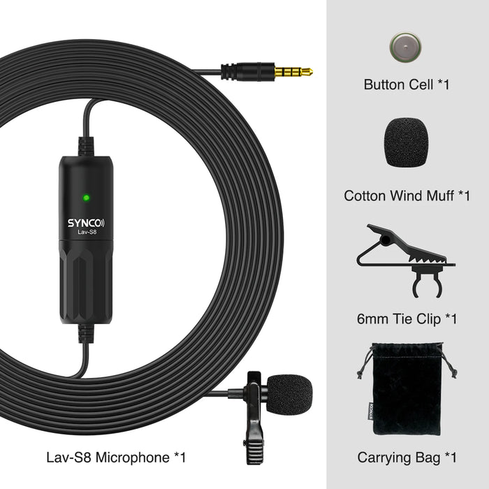 Enagua Mart SYNCO Lav-S8 Professional Lavalier Microphone - Clip-On Omnidirectional Lapel Mic with 8m Long Cable