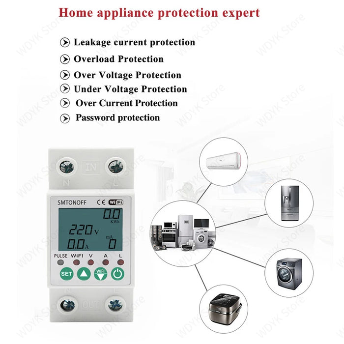 Enagua Mart Tuya Smart Life Wi-Fi Energy Meter - KWh Meter with Earth Leakage and Voltage Protection