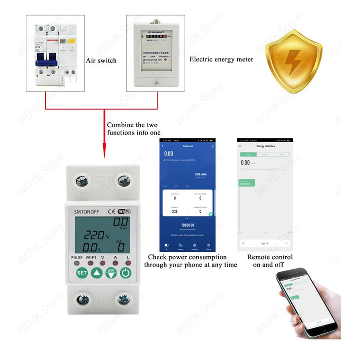 Enagua Mart Tuya Smart Life Wi-Fi Energy Meter - KWh Meter with Earth Leakage and Voltage Protection