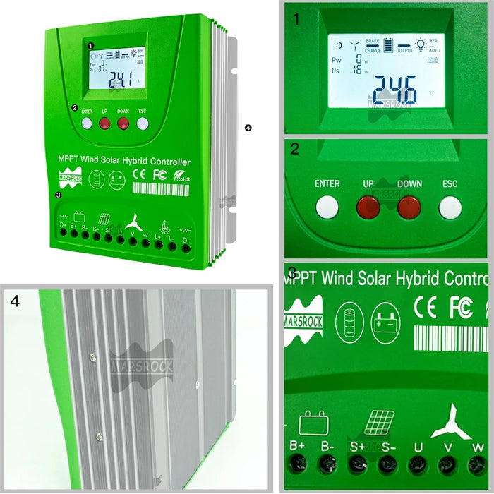 Enagua Mart 2000W Hybrid MPPT Wind Solar Charge Controller - 12V/24V/48V Wind Generator Regulator for LiFePO4, Lithium, Lead Acid