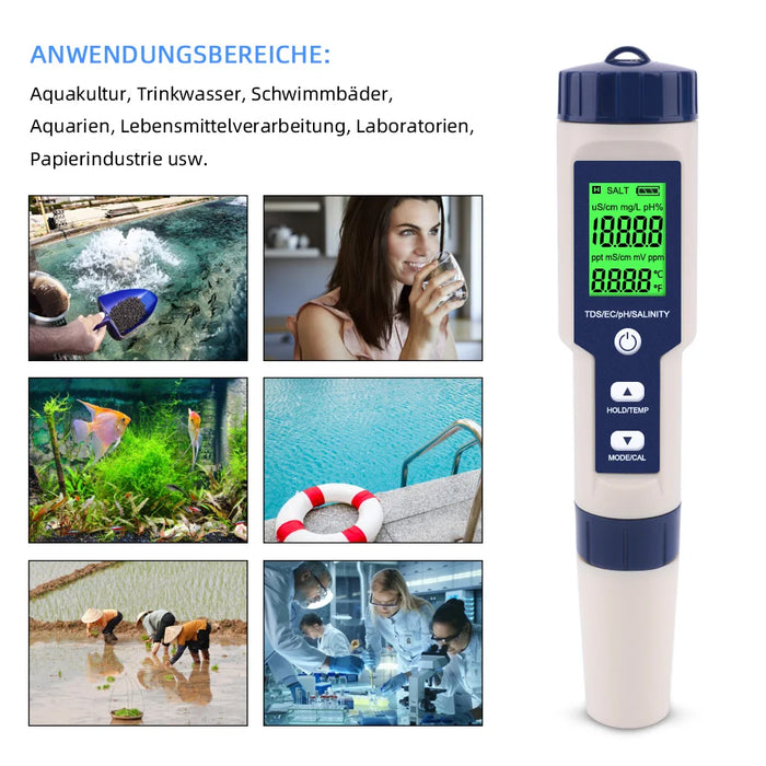 Enagua Mart 5-in-1 Water Quality Tester - Digital TDS/EC/pH/Salinity/Temperature Meter for Pools, Aquariums, and Water Systems