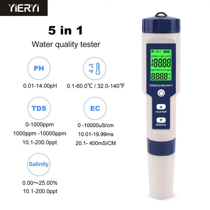 Enagua Mart 5-in-1 Water Quality Tester - Digital TDS/EC/pH/Salinity/Temperature Meter for Pools, Aquariums, and Water Systems