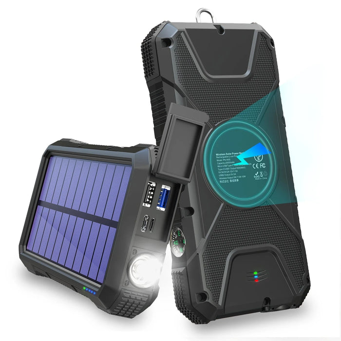 Enagua Mart Solar Power Bank 20000mAh - Qi Wireless Solar Charger with Flashlight and Compass