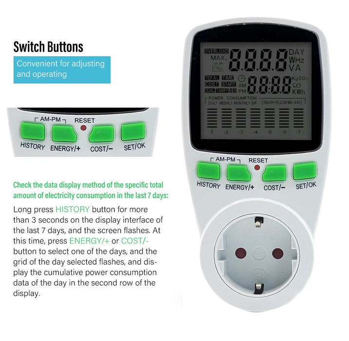Enagua Mart EU Digital LCD Energy Watt Meter - KWh Power Monitor Plug with Wattage and Voltage Display for Accurate Energy Usage Tracking