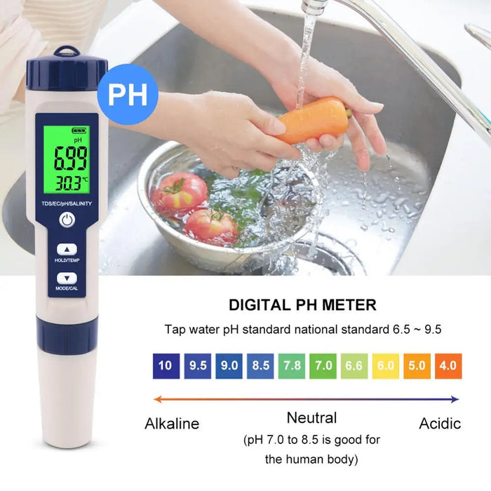 Enagua Mart 5-in-1 Water Quality Tester - Digital TDS/EC/pH/Salinity/Temperature Meter for Pools, Aquariums, and Water Systems