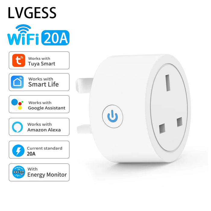 Enagua Mart 20A Tuya Smart UK Plug - WiFi 3-Pin Adapter with Alexa Voice Control and Energy Monitoring