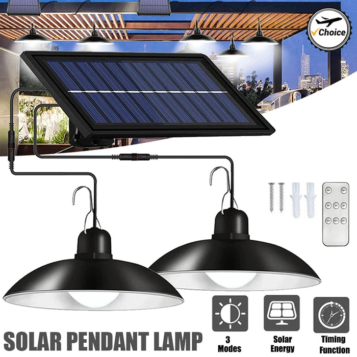 Enagua Mart 2/1 Head Solar Pendant Light with Remote - Waterproof Outdoor Lamp for Garden, Yard, Shed, Barn, LED Lighting