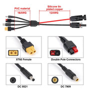 Enagua Mart 4-in-1 Solar Panel Connector Extension Line - XT60 Female Conn to DC5521/7909 Cable Splitter Connector DC Adapter Power Plug 12AWG - Enagua Mart