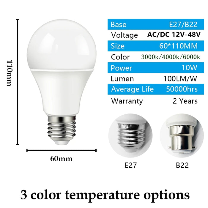 Enagua Mart 6-Piece LED Bulb Set - DC AC 12V 48V E27 B22 10W Solar Light Bulbs