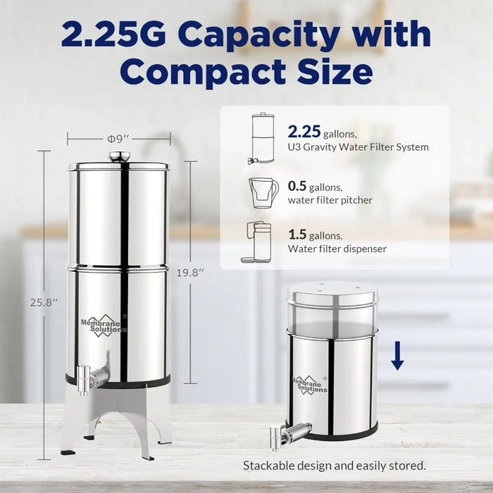 Enagua Mart Table Water Filtration System - Stainless Steel 2.25G Gravity Water Filter with 0.1 Micron Ultrafiltration