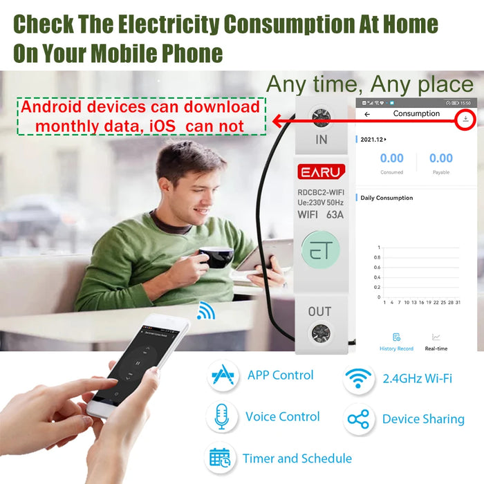 Enagua Mart Wi-Fi Smart Energy Meter - 1P DIN Rail Power Consumption Monitor with Timer and Relay