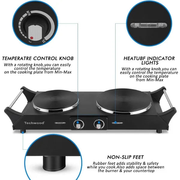 Enagua Mart Double Burner Electric Hot Plate - Techwood 1800W Portable Cooking with Adjustable Temperature Control and Stay-Cool Handles