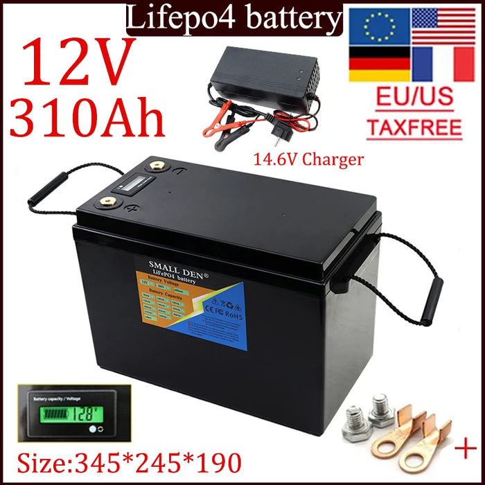 Enagua Mart LiFePO4 12V 310Ah Battery Pack - High-Power Rechargeable Battery with Display and Charger