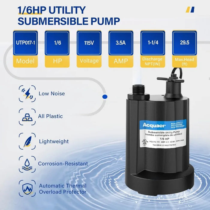 Enagua Mart Submersible Water Pump - 1/6 HP 1750GPH Thermoplastic Sump Pump for Small Electric Utility Water Removal