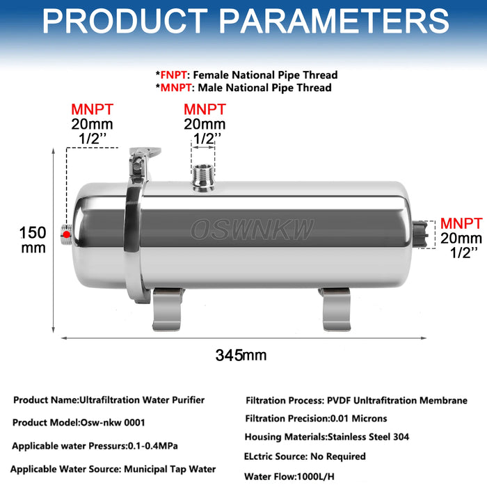 Enagua Mart PVDF Water Purifier - Whole House Ultration Filter, 0.01µm, 1000L/h, SUS304