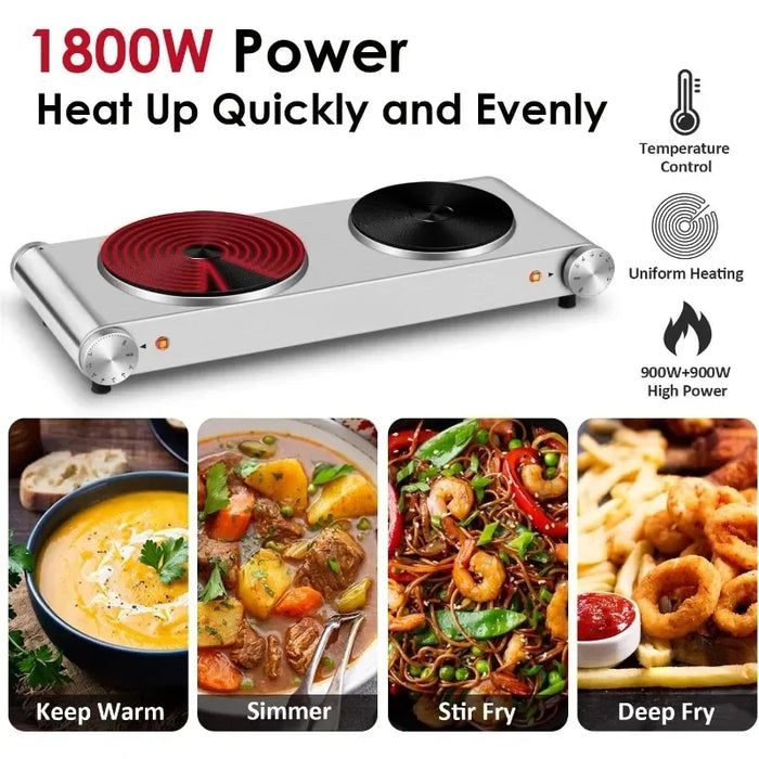 Enagua Mart Electric Two Burner Cast Iron Countertop Stove - Portable Cooking Compatible with All Cookware