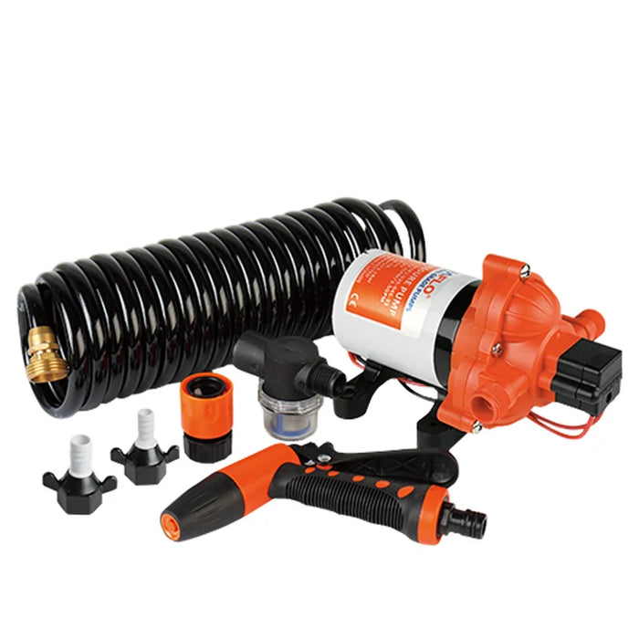 Enagua Mart Seaflo 33 Series Washdown Pump Kit with Coiled Hose - 70 PSI, 12V/24V, Marine Boat Accessories, Showers for RV, Caravan