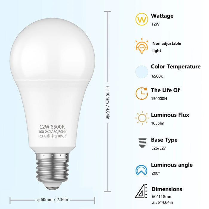 Enagua Mart A19 LED Light Bulb - 6500K Energy-Saving Eye-Protecting Bulb for Home Lighting (E26/E27 Base)