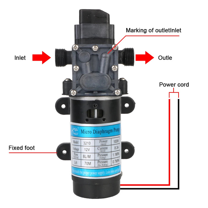 Enagua Mart 8L/Min Water Spray Car Wash Agricultural Electric Pump - 12V 100W Diaphragm Self-Priming Micro High-Pressure Pump