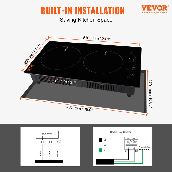 Enagua Mart 2-Burner Built-In Electric Induction Cooktop - Sensor Touch Control Hot Plate with 9 Heating Levels