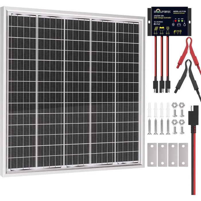 Enagua Mart Solperk 50W Solar Panel - Solar Battery Trickle Charger with 10A Charge Controller for Trailer, Tractor, Truck, and Boat