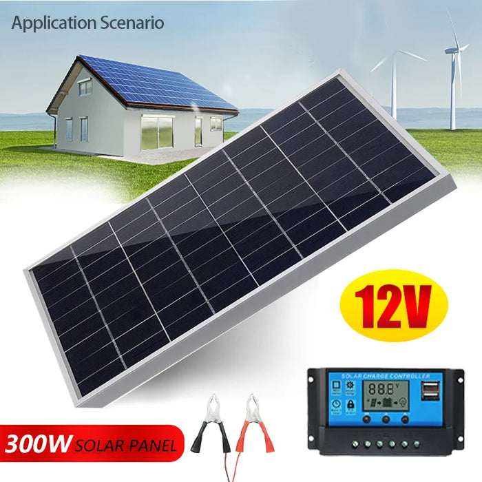 Enagua Mart 300W 12V Solar Panel Kit - Complete Polycrystalline USB Power Portable Outdoor Rechargeable Solar Cell Generator for Home