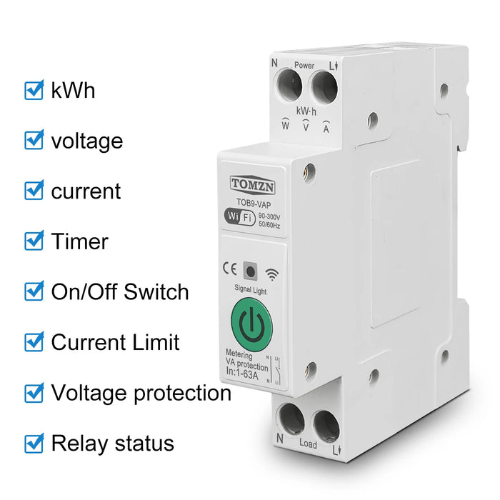 Enagua Mart TOMZN 63A Smart Switch Energy Meter - 1P+N WiFi kWh Meter with Timer, Relay, and Voltage Protection