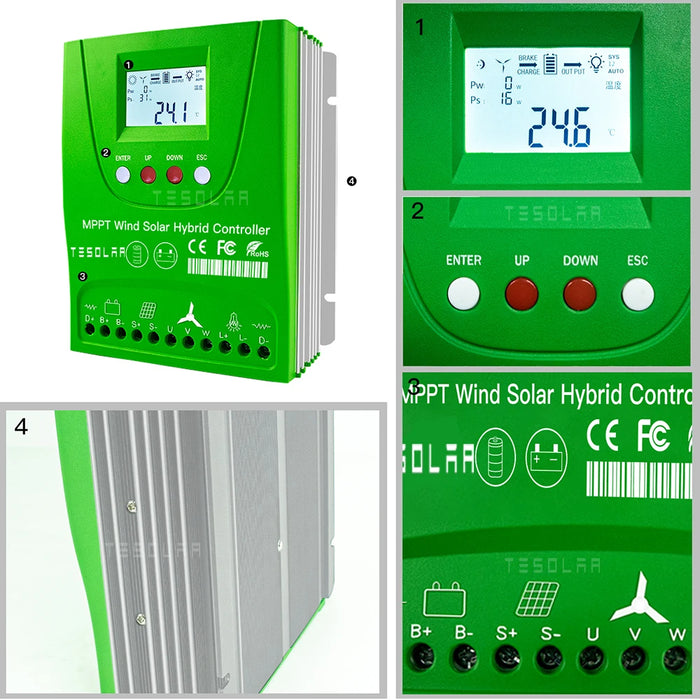 Enagua Mart 2400W Hybrid Wind Solar Controller - MPPT Auto Match, 12V/24V/48V Regulator with Optional Bluetooth App for Hybrid Power System