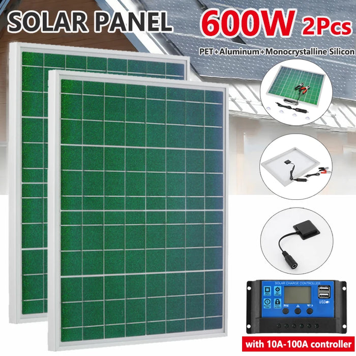 Enagua Mart 600W/300W Solar Panel Kit - 18V Aluminum Frame Monocrystalline Portable Solar Cell Power Bank for Phone, Outdoor, Camping, Mobile, RV