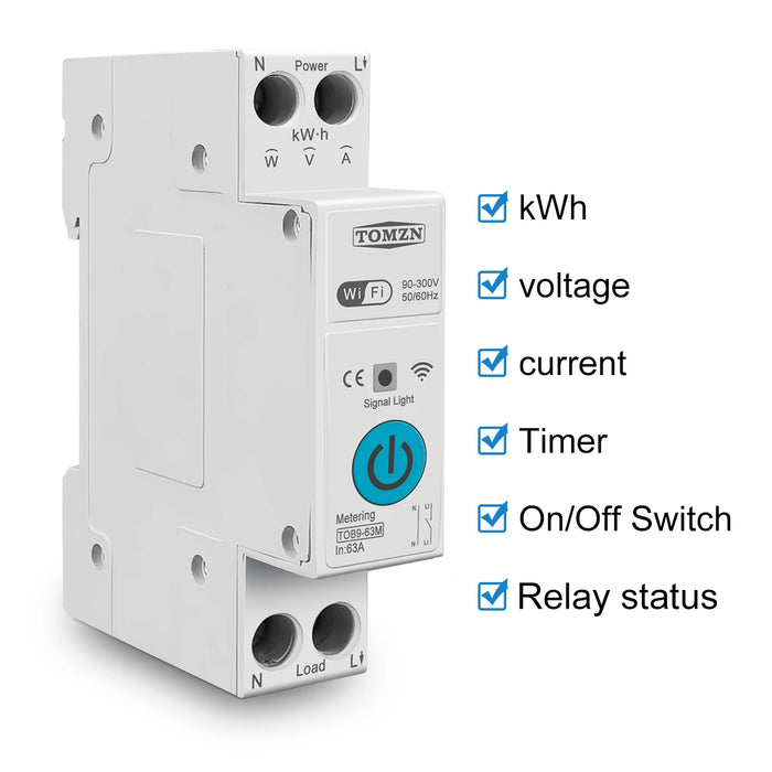 Enagua Mart TOMZN 63A Smart Switch Energy Meter - 1P+N WiFi kWh Meter with Timer, Relay, and Voltage Protection