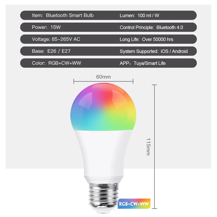 Enagua Mart Bluetooth Smart LED Bulb - 15W RGB Dimmable Spotlight, Works with Tuya Smart Home