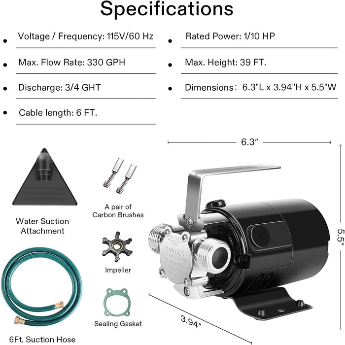 Enagua Mart 1/10HP Water Transfer Pump - 330 GPH 115V Portable Utility Pump with Hose Kit for Garden Water Removal