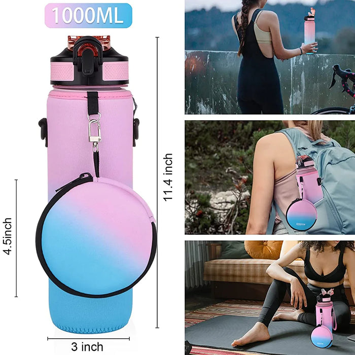 Enagua Mart 1000ml Water Bottle with Sleeve - Sport Tumbler Case with Headphone Pouch for Camping and Outdoor Activities