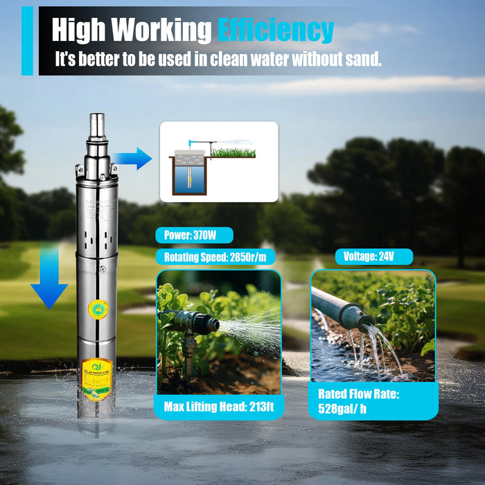 Enagua Mart 370W 24V Solar Water Pump - Deep Well Submersible Pump, Stainless Steel, 65M Head