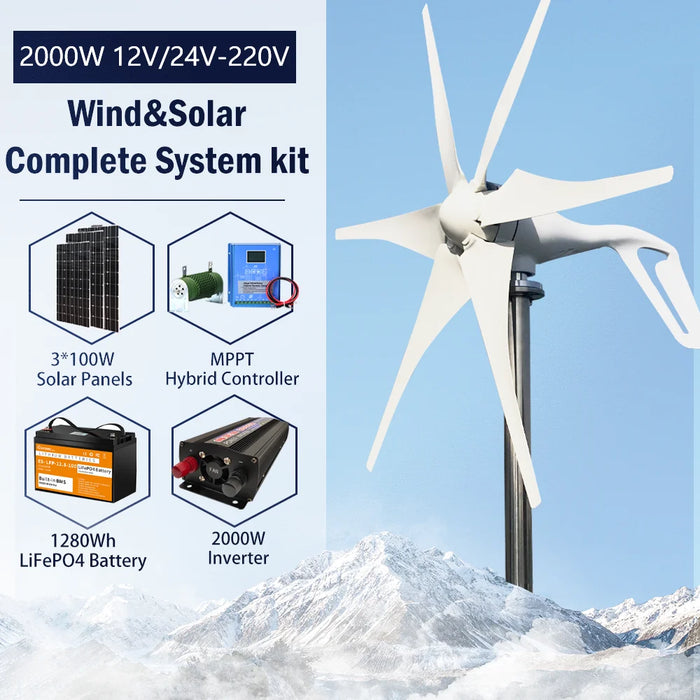 Enagua Mart 2KW Windmill Energy Generator - 12V/24V/48V with Off-Grid System and MPPT Hybrid Charge Controller for Home Use