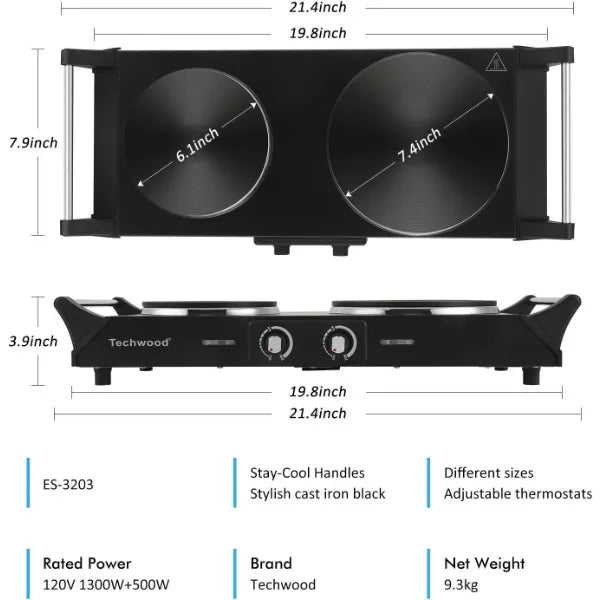 Enagua Mart Double Burner Electric Hot Plate - Techwood 1800W Portable Cooking with Adjustable Temperature Control and Stay-Cool Handles