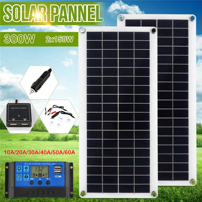 Enagua Mart 150W-300W Solar Panel Kit - 12V Charge Battery with 30A/60A Controller Module, 2 USB Port Cell Battery Power Bank for Phone, RV, Car