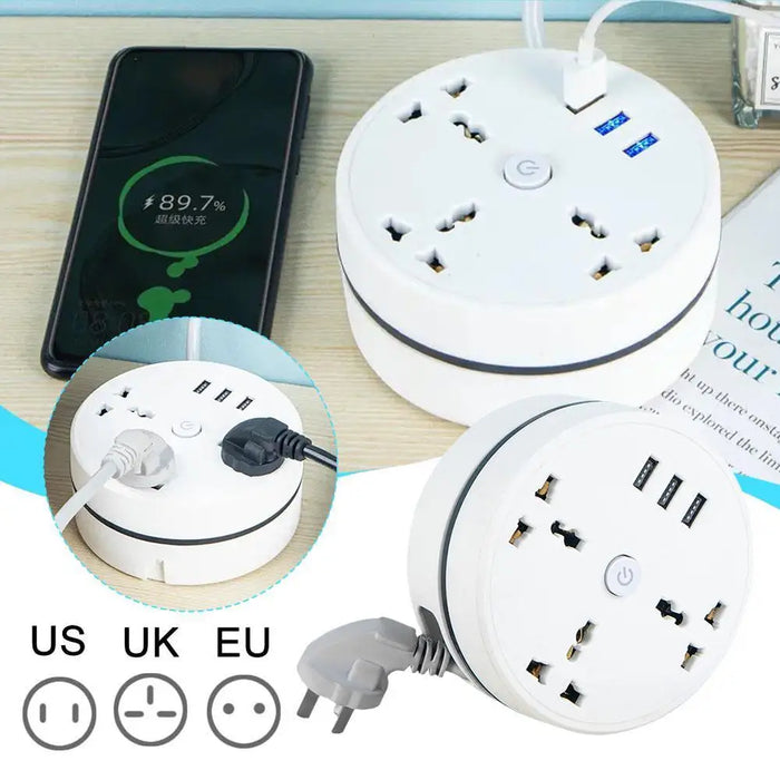 Enagua Mart Round Universal Power Strip - Portable Extension Cord Socket with 3 USB Ports