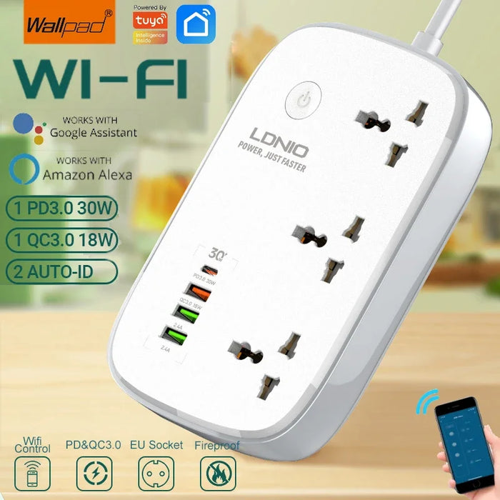 Enagua Mart Tuya WiFi Smart Universal Power Strip - EU/UK/US Surge Protector with Multi-Plug and 4 USB Ports