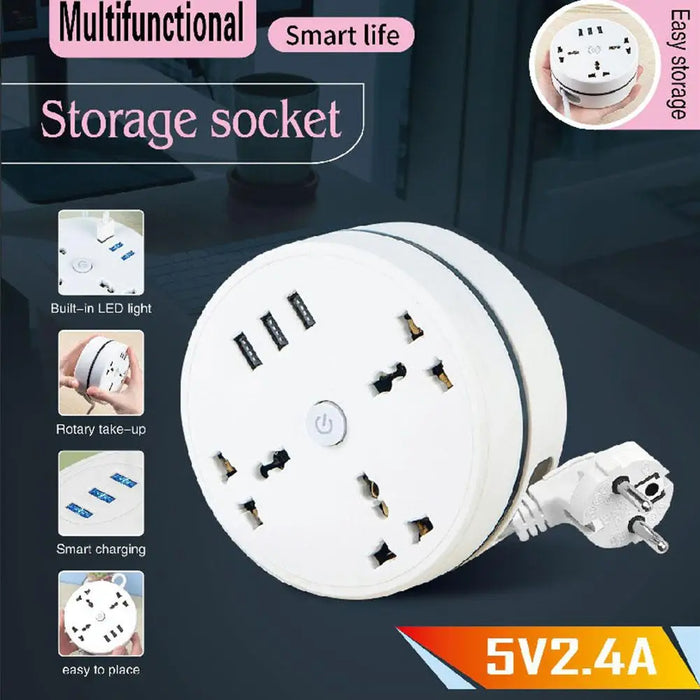 Enagua Mart Round Universal Power Strip - Portable Extension Cord Socket with 3 USB Ports