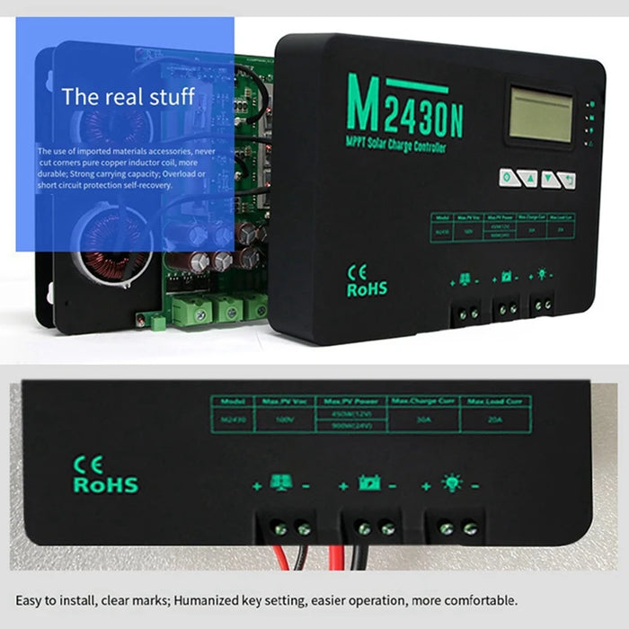 Enagua Mart MPPT Solar Controller - 12V/24V 30A RV and Marine Photovoltaic Controller with LCD Display