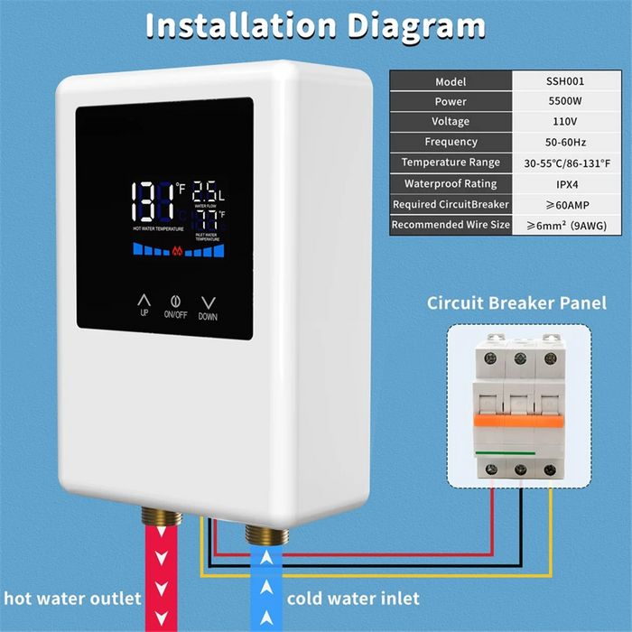 Enagua Mart 5500W Electric Instant Hot Water Heater - With Remote Control and LCD Touch Screen (EU Plug)