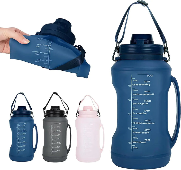 Enagua Mart 2L Collapsible Water Bottle - Foldable Silicone Travel Bottle with Motivational Time Markers and Straw