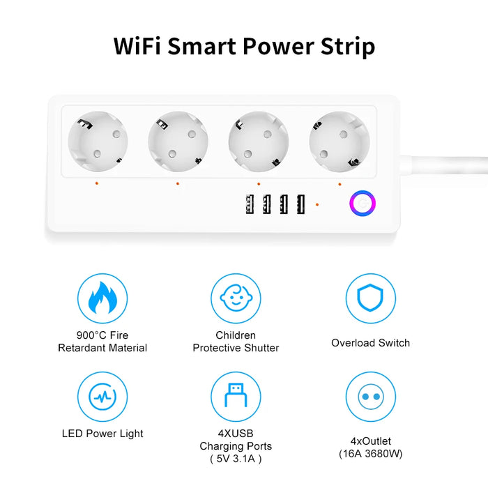 Enagua Mart New Tuya Smart WiFi Socket Power Strip - Multi-Plug with 4 Plug & 4 USB Ports for Alexa & Google Home