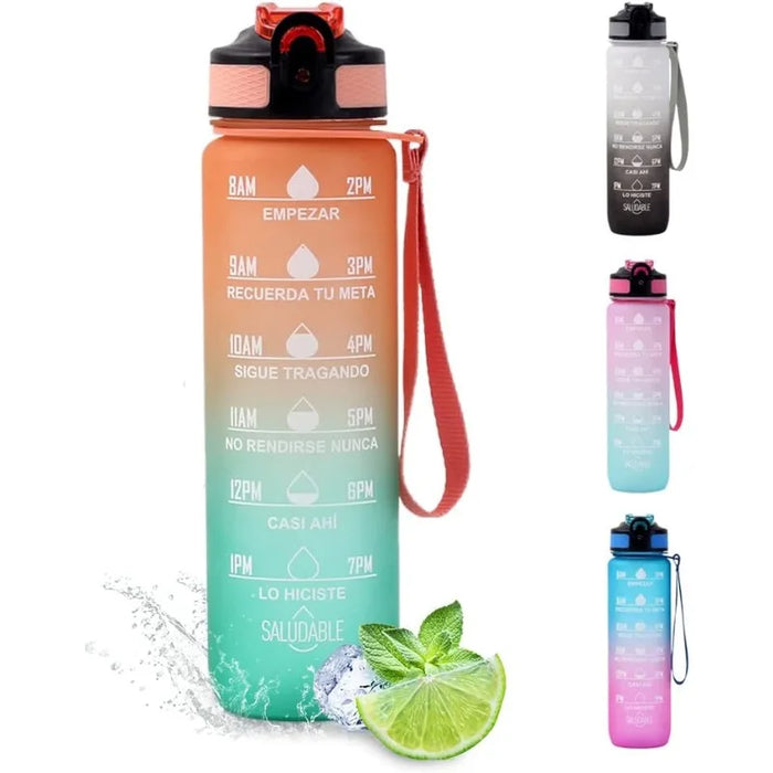 Enagua Mart 1 Liter Gradual Color Sport Water Jug - Time Marker, Leakproof for Outdoor, Travel, Gym, and Camping