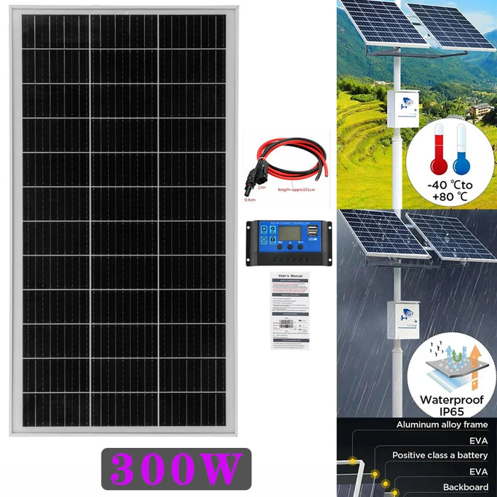 Enagua Mart 300W Solar Panel - 18V Rigid Glass Monocrystalline High-Efficiency Panel for Home and Camping