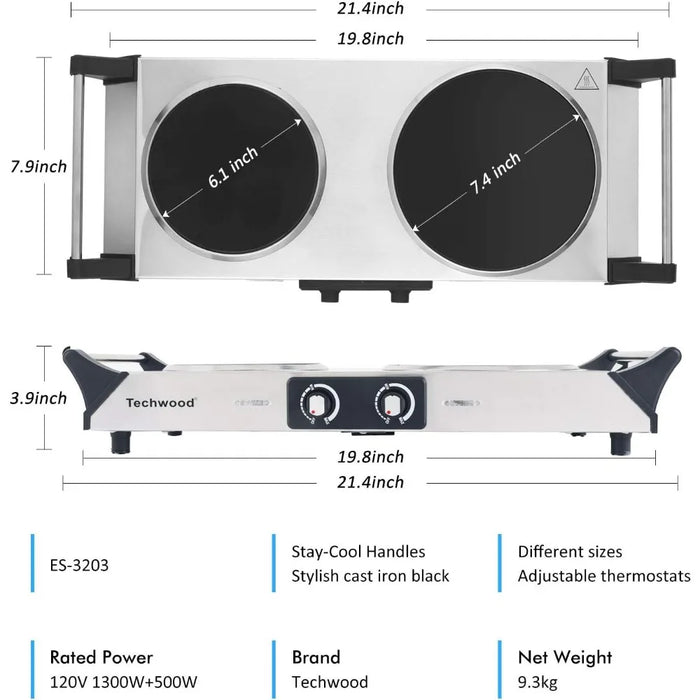 Enagua Mart Double Infrared Ceramic Hot Plate - Energy Efficient Electric Stove with Two Control Cooktop Burners